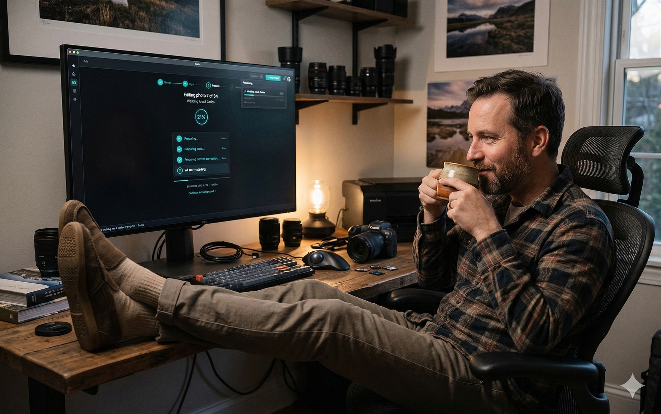 Fotógrafo relaxado enquanto o koda edita automaticamente